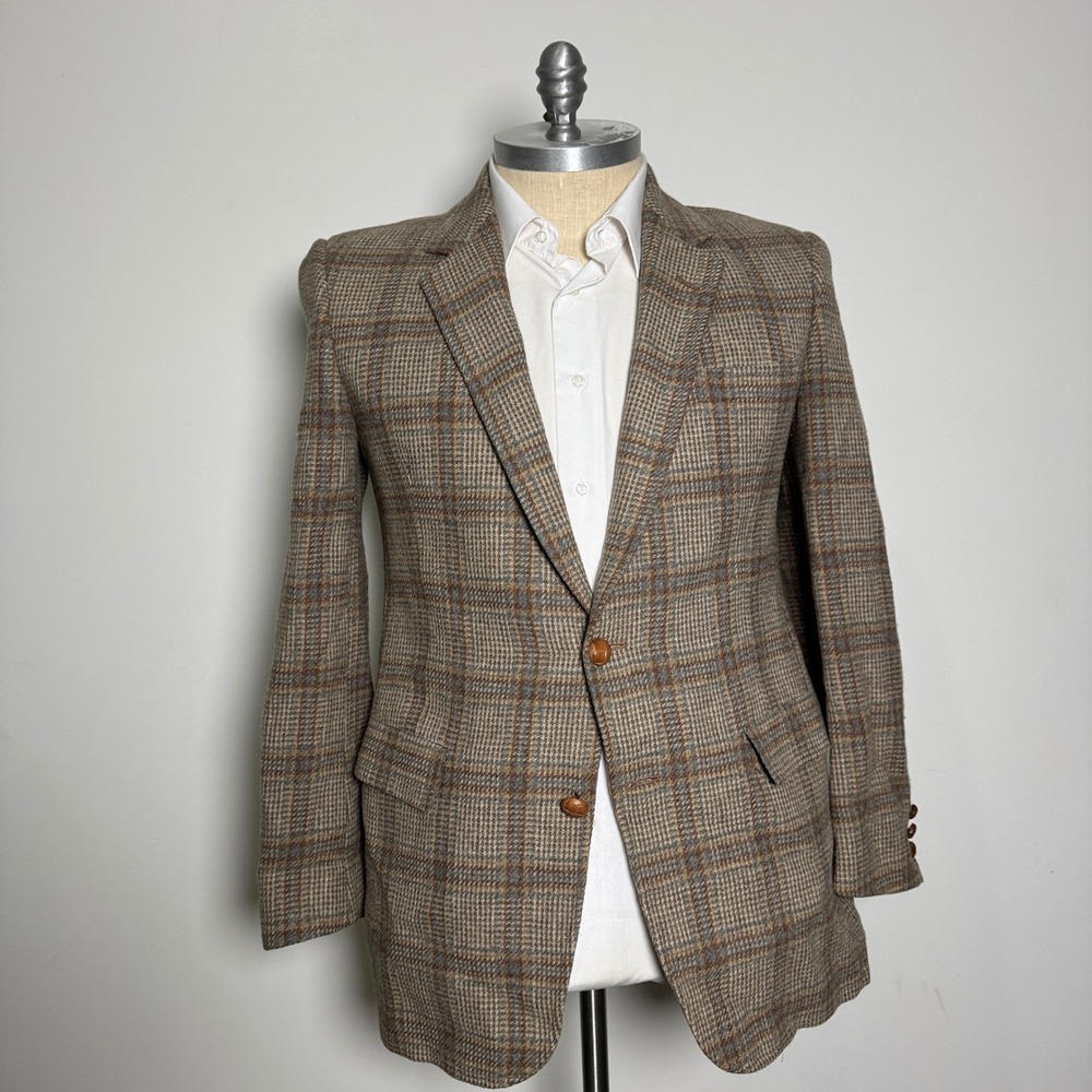 Vtg Hart Schaffner Marx 42R Plaid Wool Blazer Tweed Men Brown Tan Classic Fit